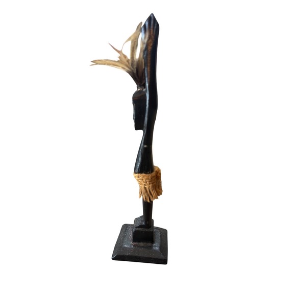 The Unbranded Brand Other - African Style Hand Carved Dark Wood Statue Thinking Man Pot Belly Feathers Twine